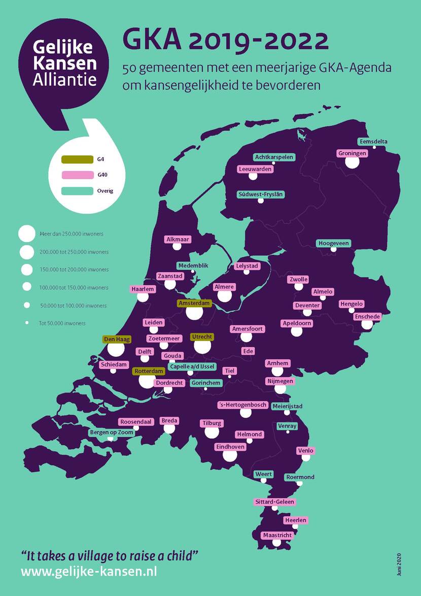 Landkaart van Nederland met de 50 GKA-gemeenten